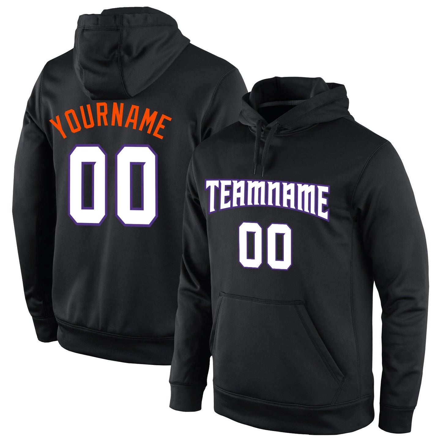Custom Stitched Black White-Orange Sports Pullover Sweatshirt Hoodie - Main View