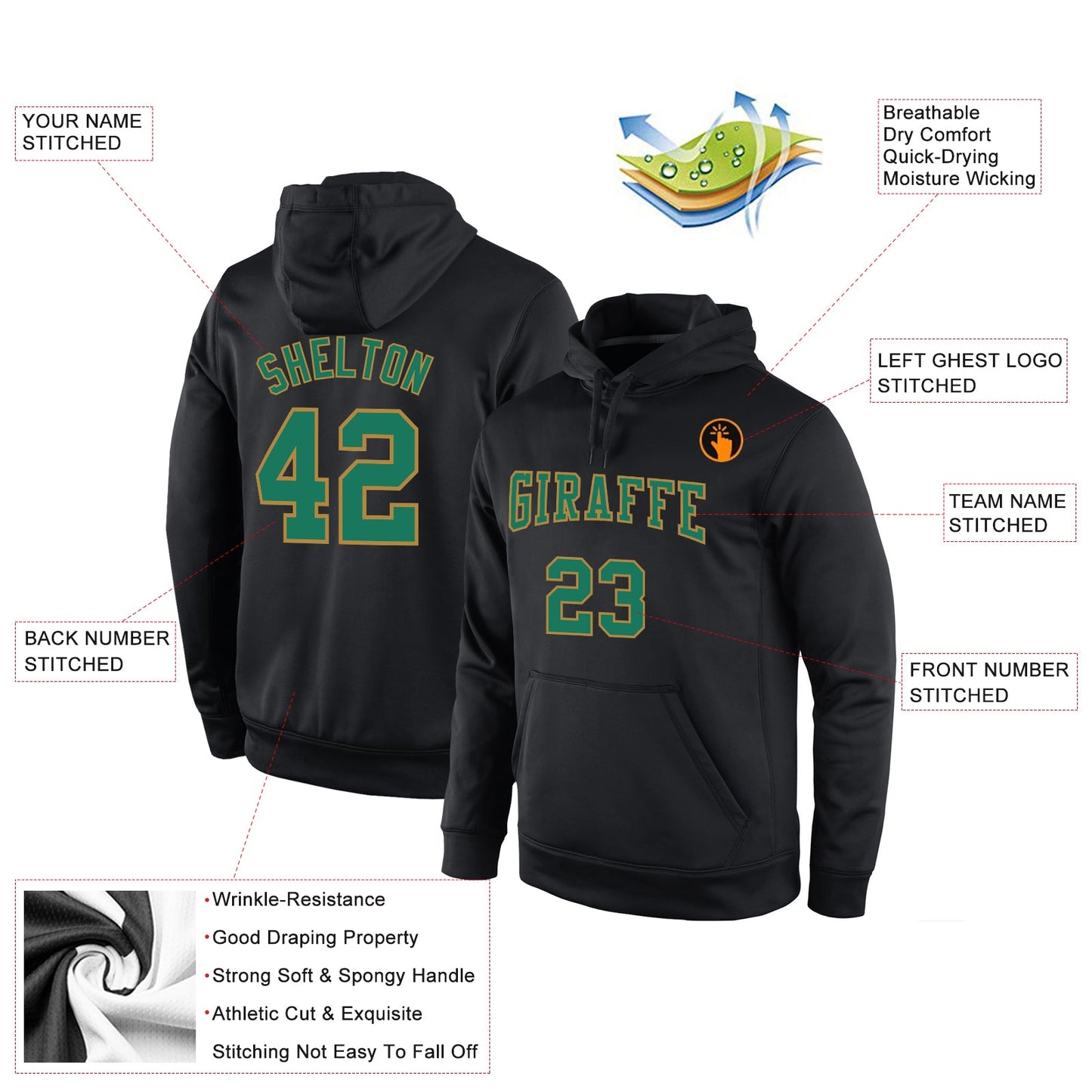 Custom Stitched Black Kelly Green-Old Gold Sports Pullover Sweatshirt Hoodie view 2
