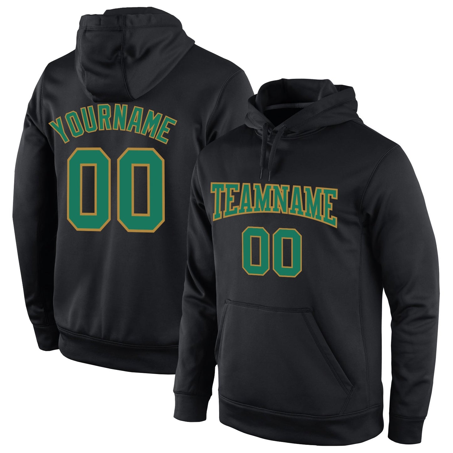 Custom Stitched Black Kelly Green-Old Gold Sports Pullover Sweatshirt Hoodie - Main View