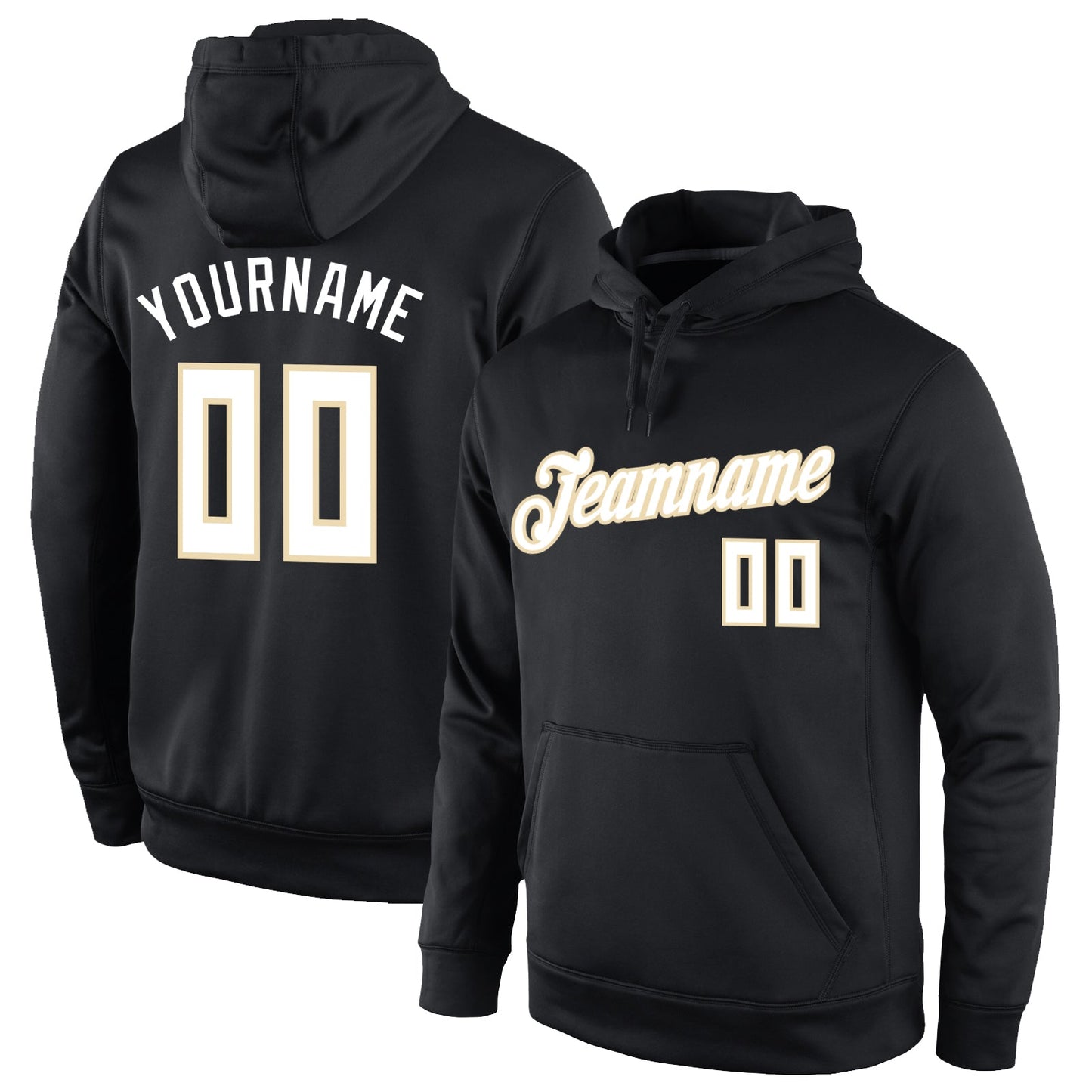 Custom Stitched Black White-Cream Sports Pullover Sweatshirt Hoodie - Main View