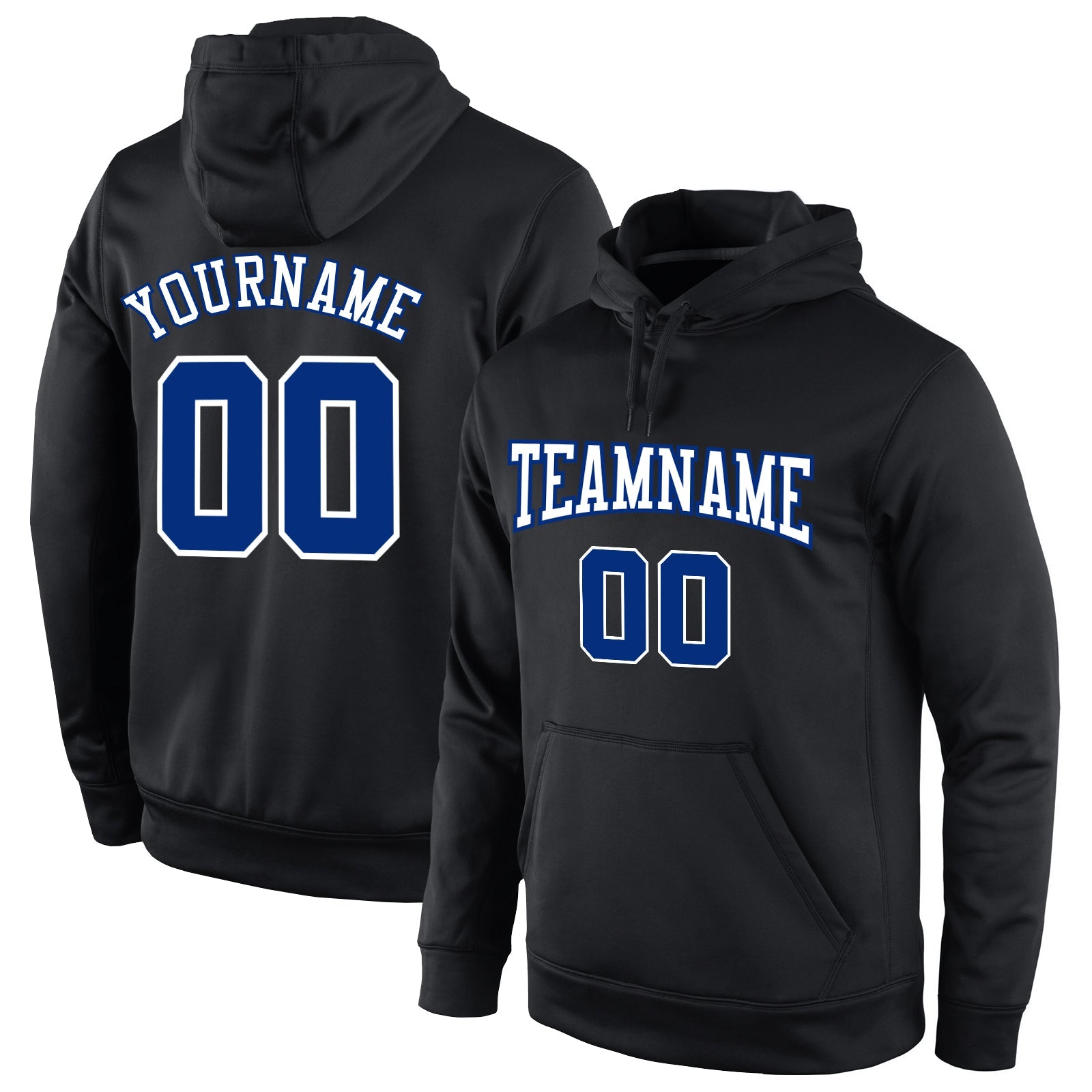 Custom Stitched Black Royal-White Sports Pullover Sweatshirt Hoodie - Main View