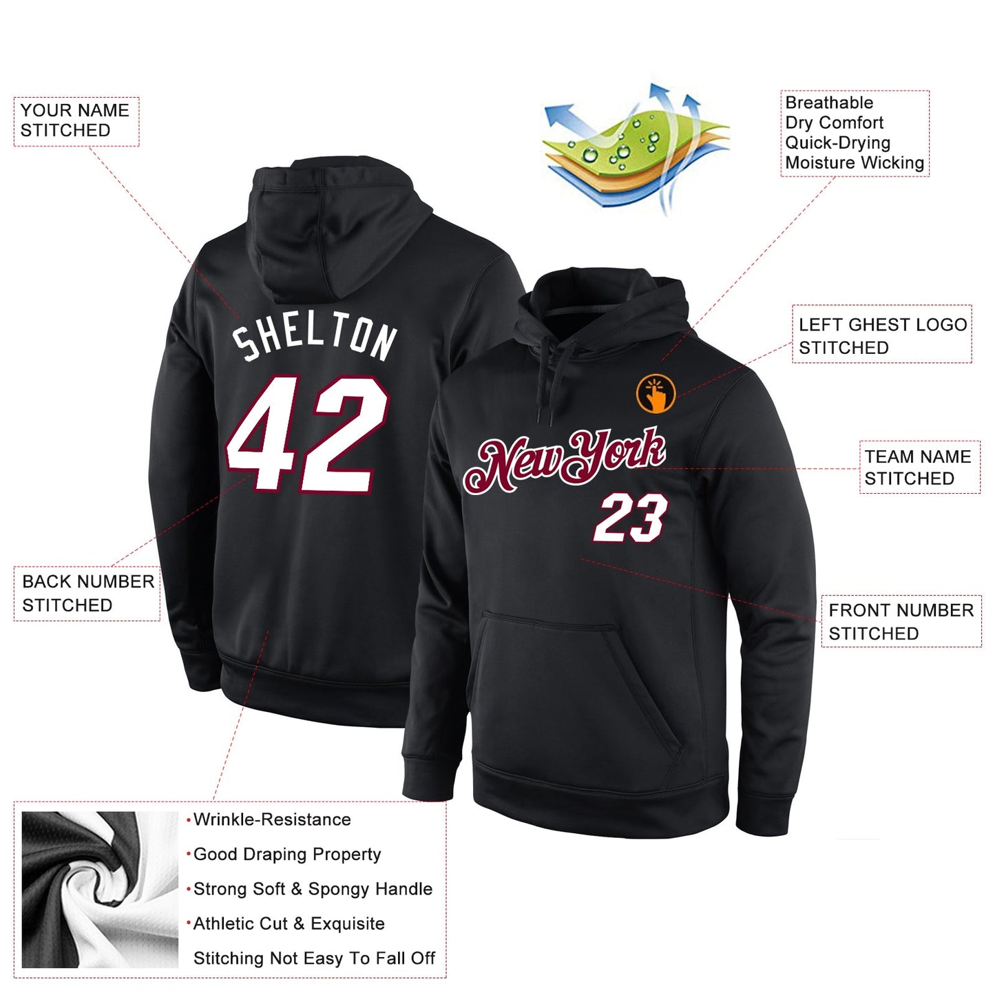 Custom Stitched Black White-Maroon Sports Pullover Sweatshirt Hoodie view 2