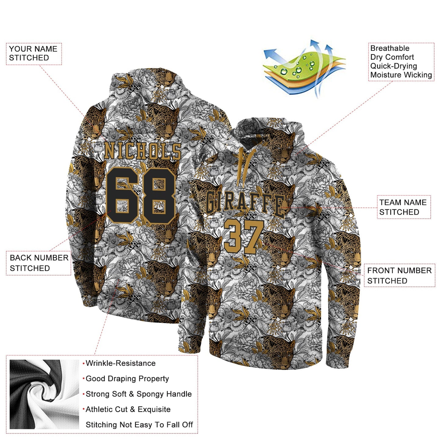 Custom Stitched Black Black-Old Gold 3D Pattern Design Leopard Sports Pullover Sweatshirt Hoodie view 2