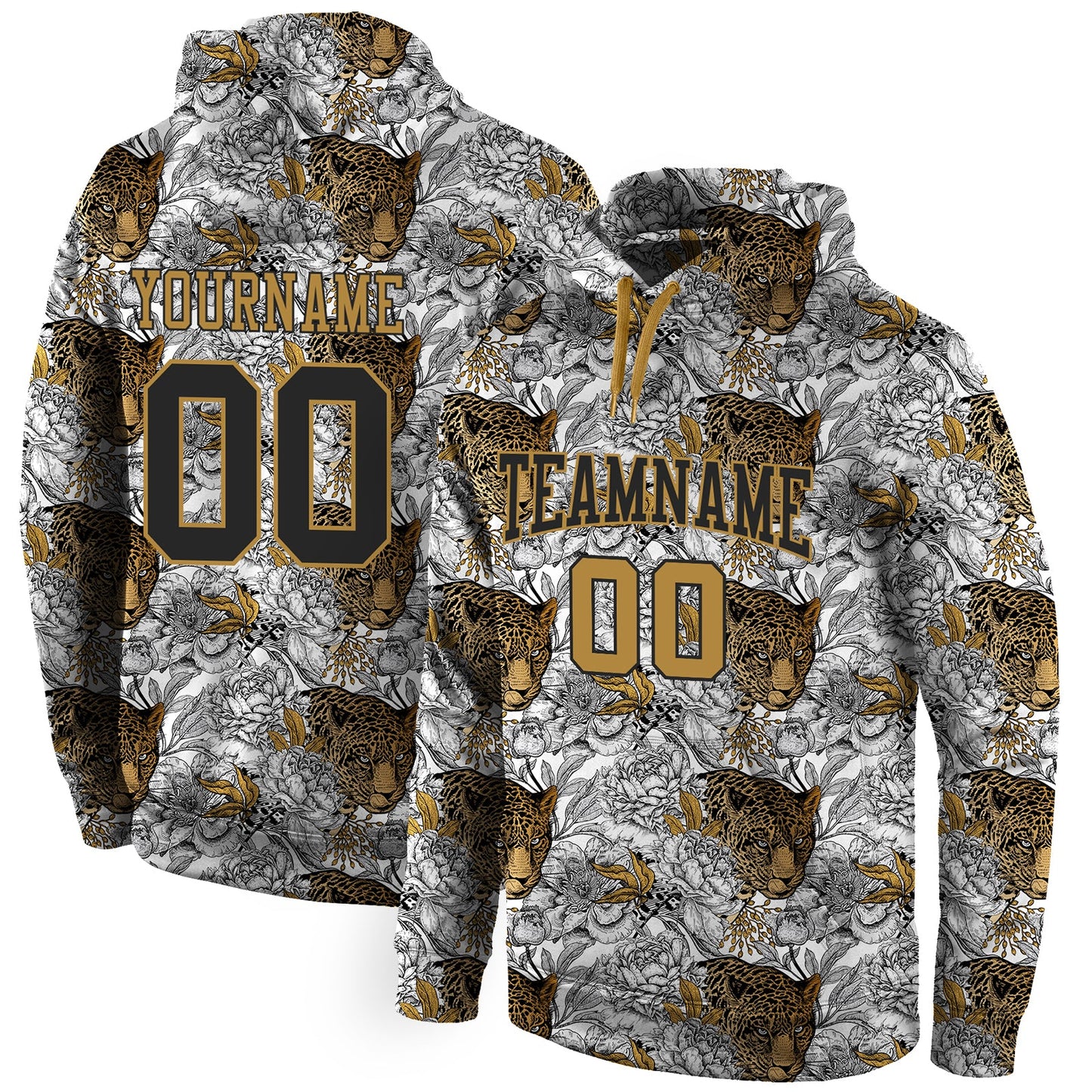 Custom Stitched Black Black-Old Gold 3D Pattern Design Leopard Sports Pullover Sweatshirt Hoodie - Main View
