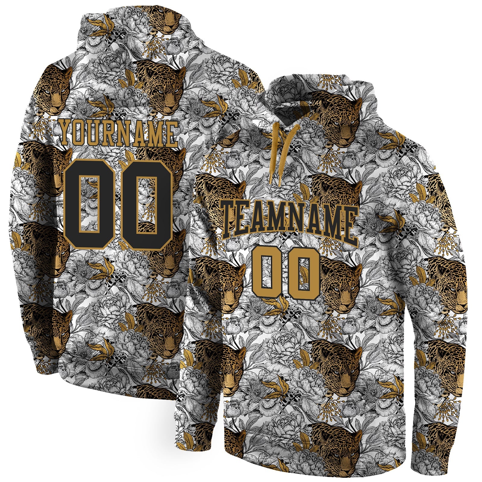 Custom Stitched Black Black-Old Gold 3D Pattern Design Leopard Sports Pullover Sweatshirt Hoodie - Main View