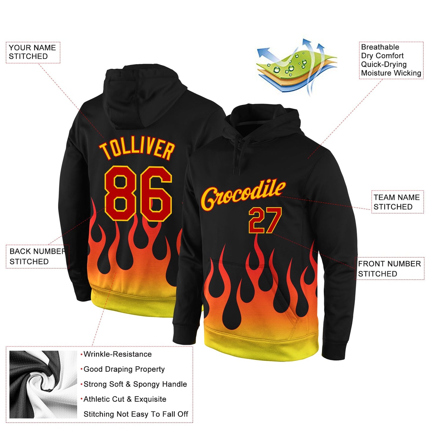 Custom Stitched Black Red-Gold 3D Pattern Design Flame Sports Pullover Sweatshirt Hoodie view 2