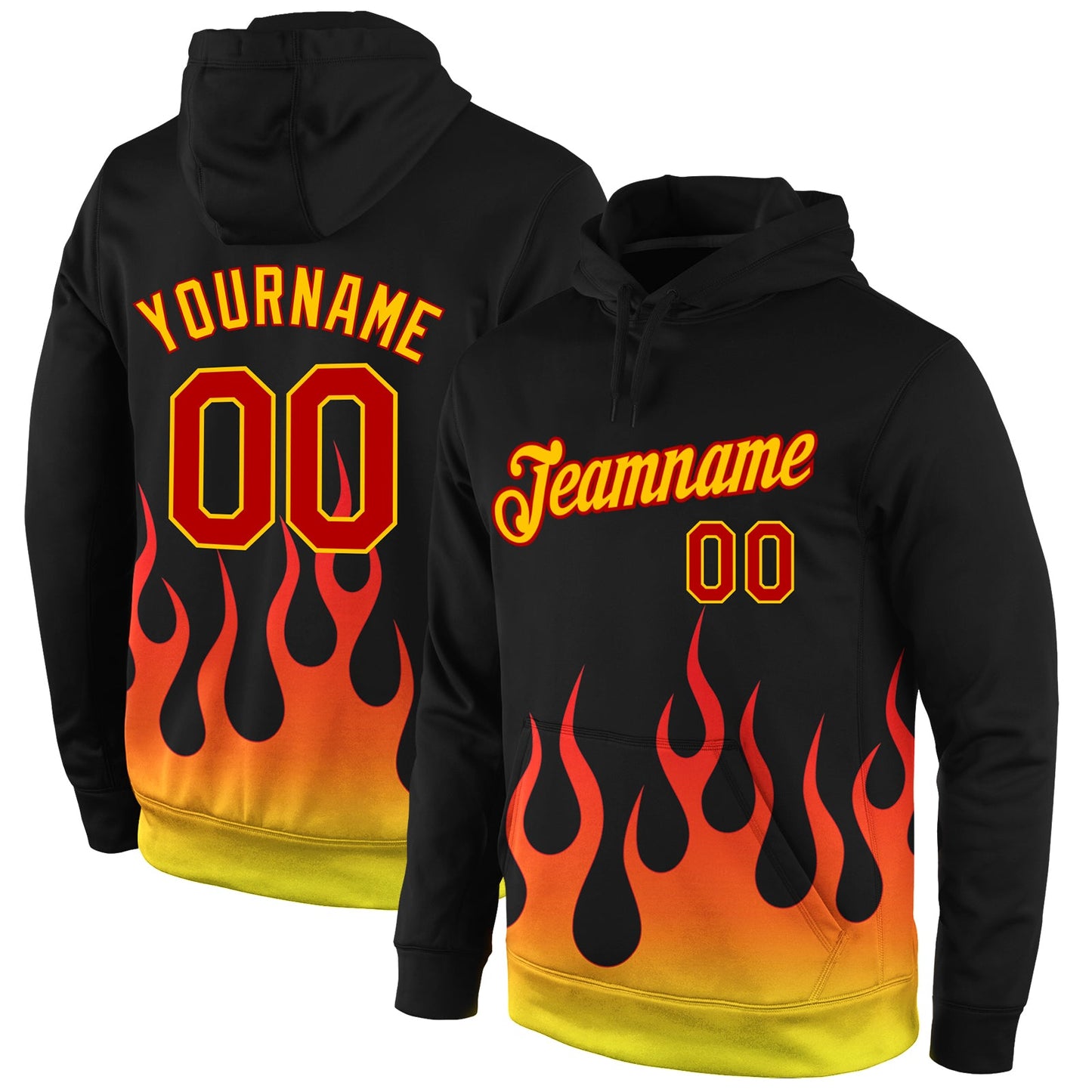 Custom Stitched Black Red-Gold 3D Pattern Design Flame Sports Pullover Sweatshirt Hoodie - Main View