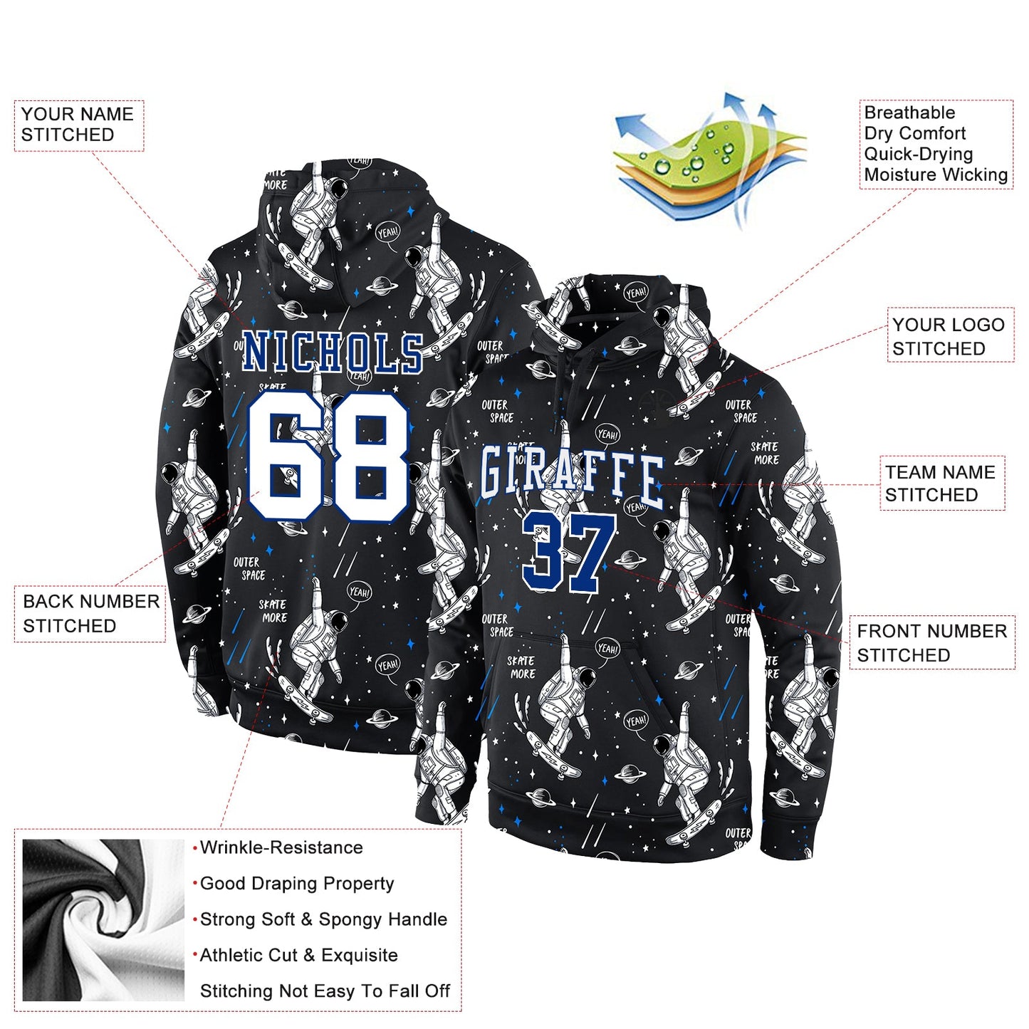 Custom Stitched Black White-Royal 3D Pattern Design Astronaut Sports Pullover Sweatshirt Hoodie view 2