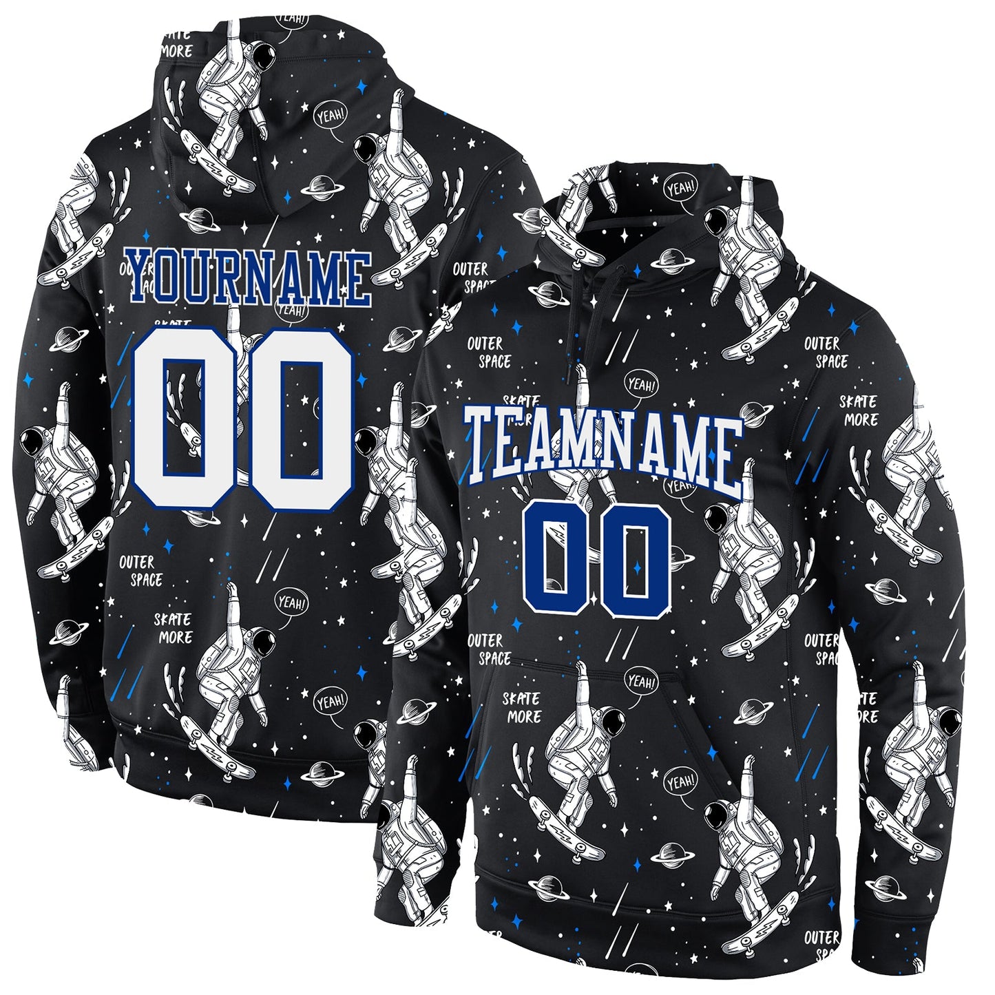 Custom Stitched Black White-Royal 3D Pattern Design Astronaut Sports Pullover Sweatshirt Hoodie - Main View