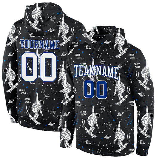 Custom Stitched Black White-Royal 3D Pattern Design Astronaut Sports Pullover Sweatshirt Hoodie - Main View