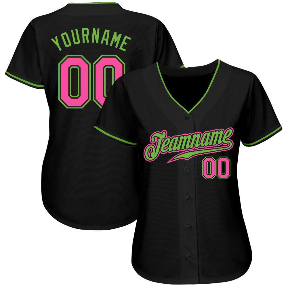 Custom Black Pink-Neon Green Authentic Baseball Jersey view 2