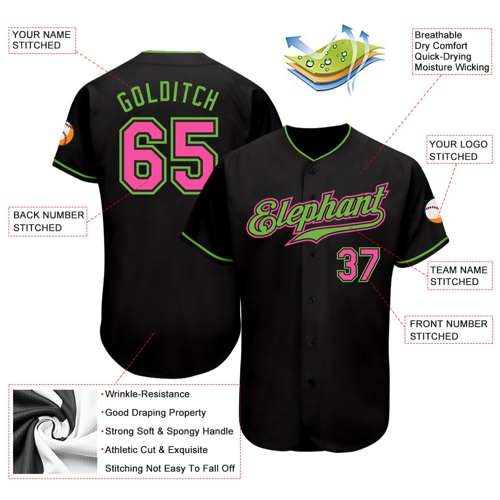 Custom Black Pink-Neon Green Authentic Baseball Jersey view 3