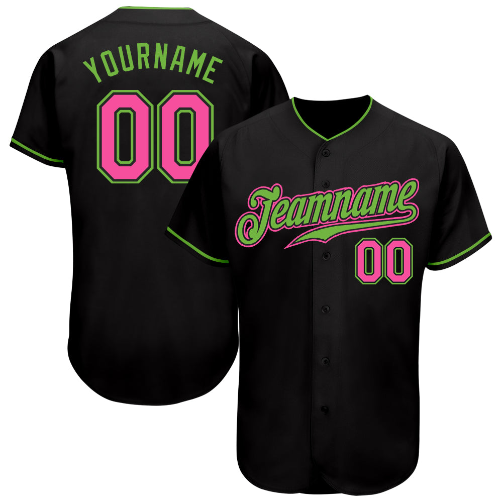 Custom Black Pink-Neon Green Authentic Baseball Jersey - Main View