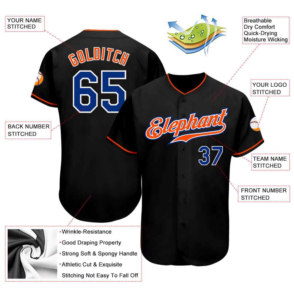 Custom Black Royal-Orange Authentic Baseball Jersey view 3
