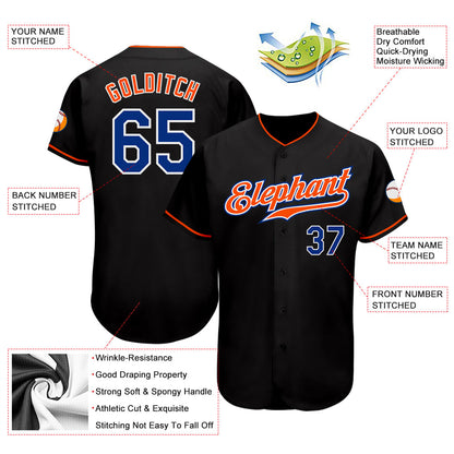 Custom Black Royal-Orange Authentic Baseball Jersey view 3
