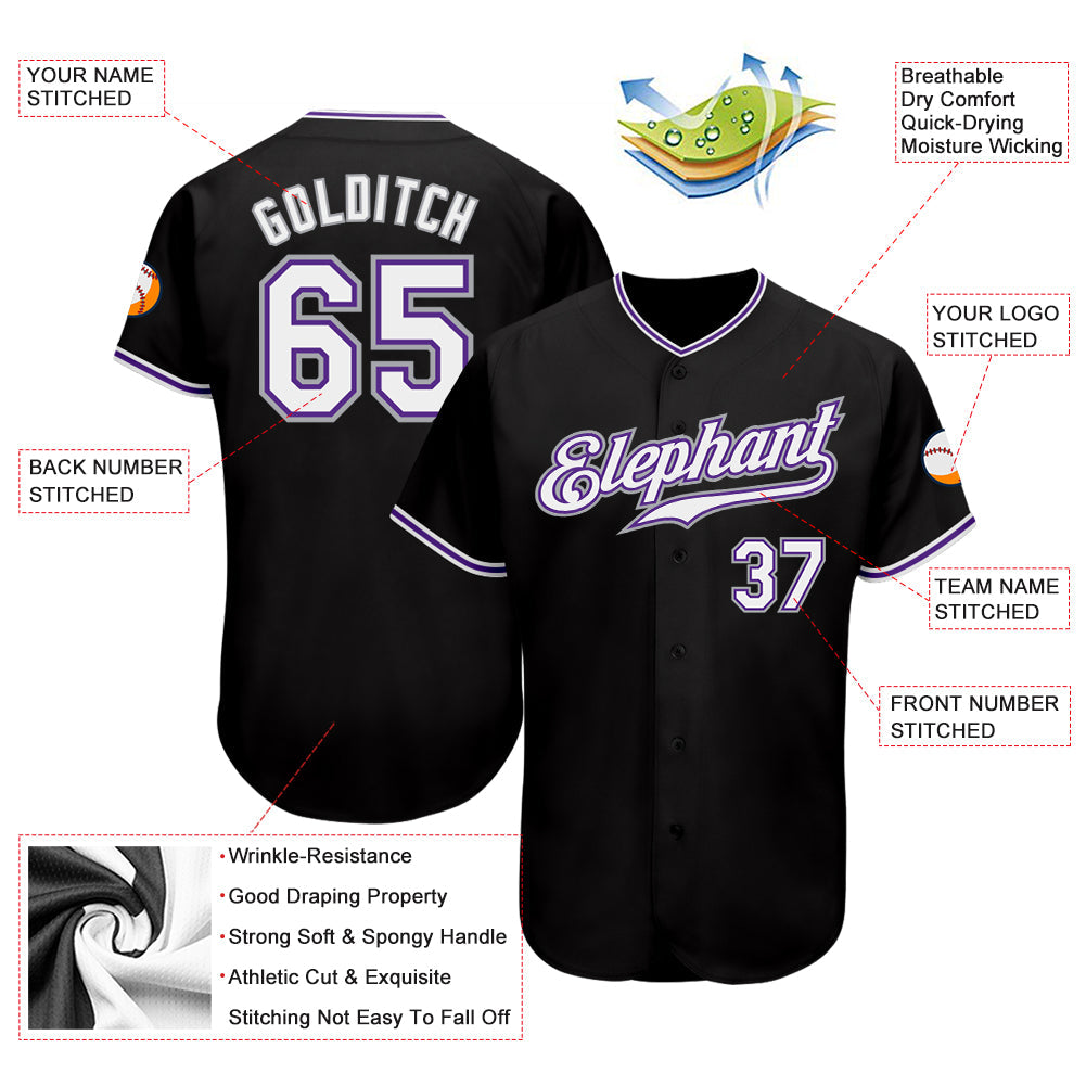 Custom Black White-Purple Authentic Baseball Jersey view 3