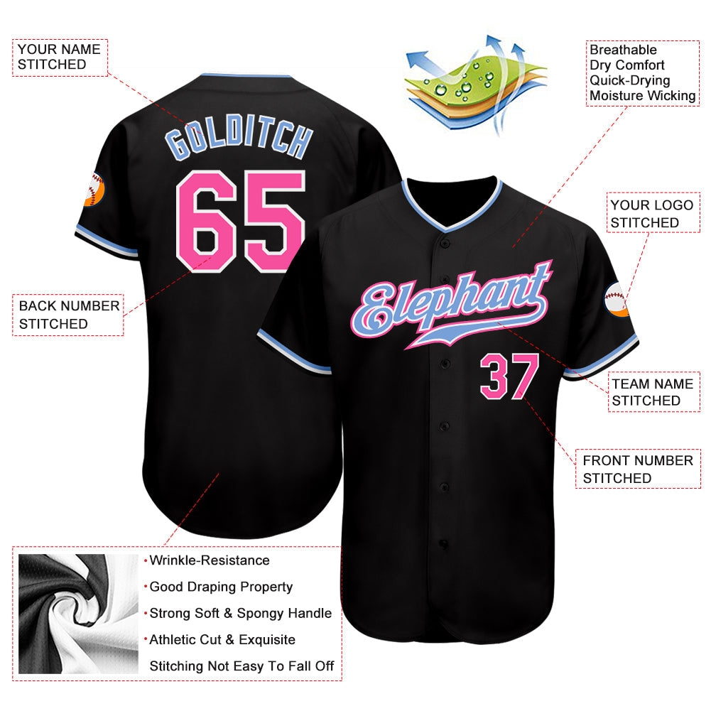 Custom Black Pink-Light Blue Authentic Baseball Jersey view 3