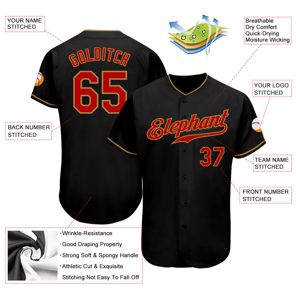Custom Black Red-Old Gold Authentic Baseball Jersey view 3
