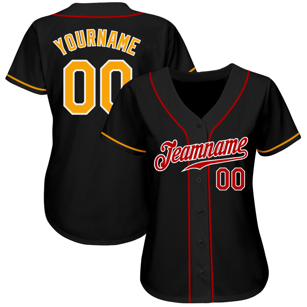 Custom Black Gold-Red Authentic Baseball Jersey view 2