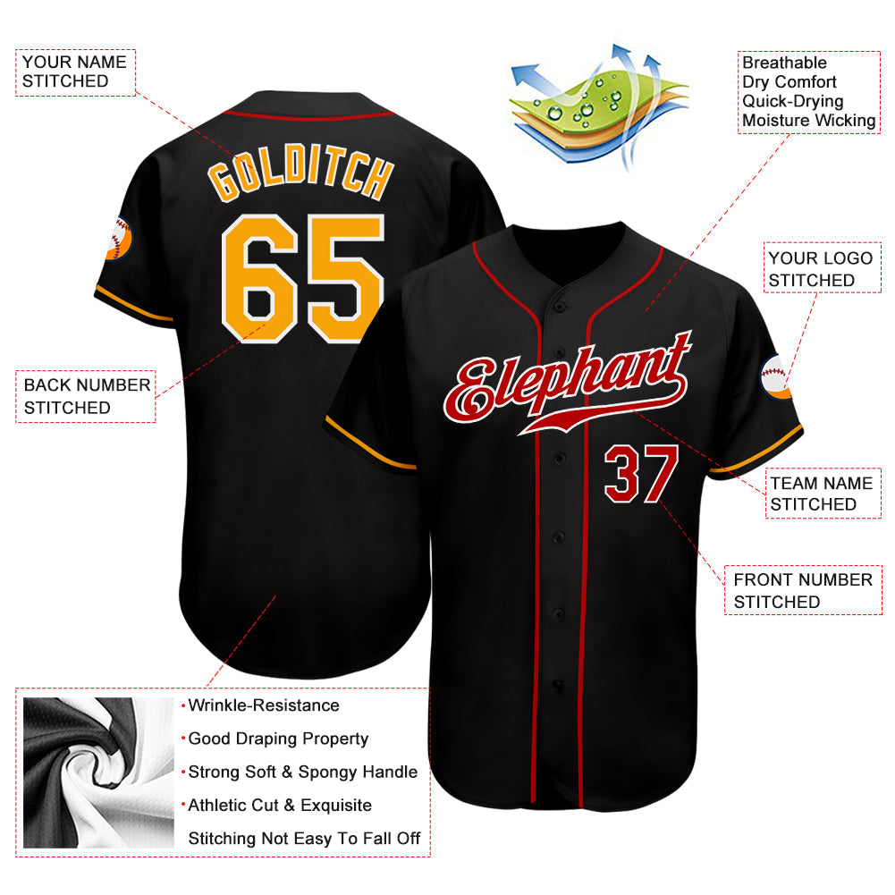 Custom Black Gold-Red Authentic Baseball Jersey view 3