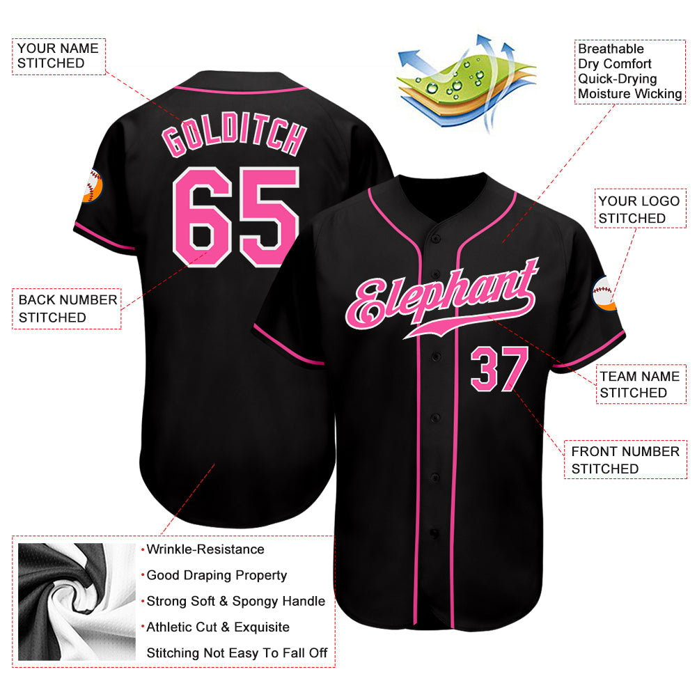 Custom Black Pink-White Authentic Baseball Jersey view 3