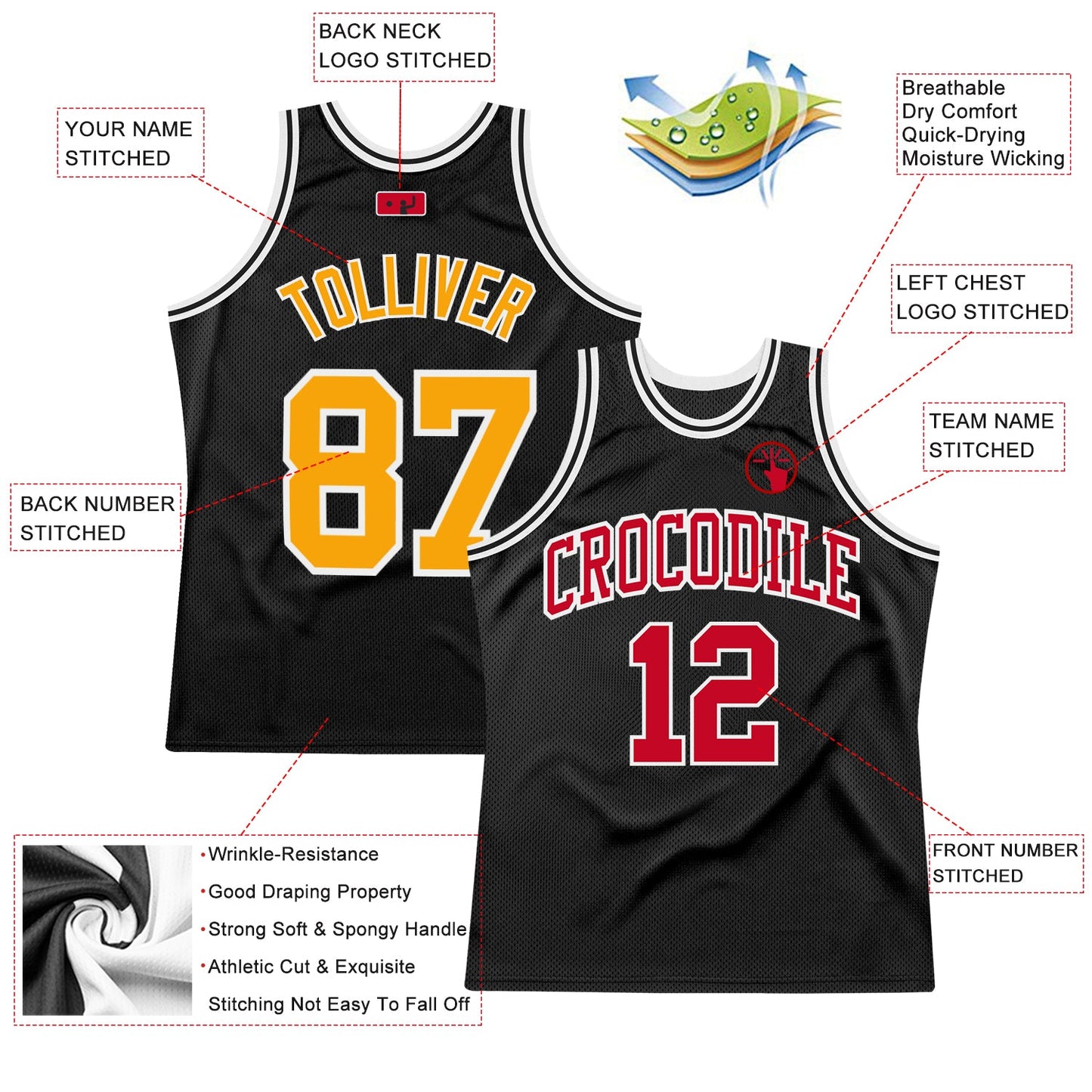 Custom Black Gold-Red Authentic Throwback Basketball Jersey view 2