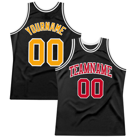 Custom Black Gold-Red Authentic Throwback Basketball Jersey - Main View
