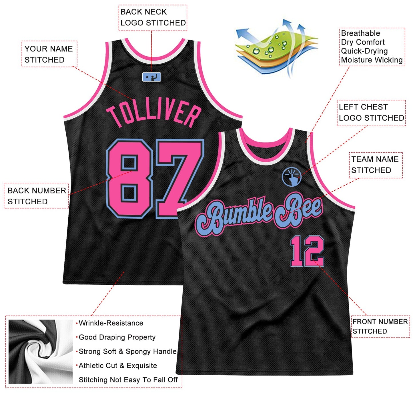 Custom Black Pink-Light Blue Authentic Throwback Basketball Jersey view 2