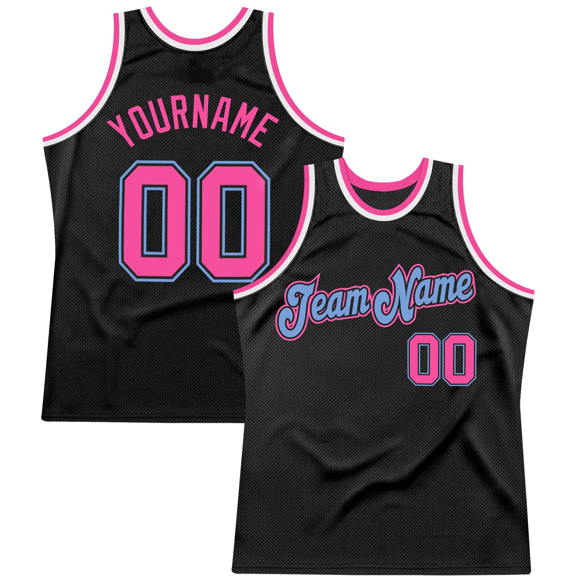 Custom Black Pink-Light Blue Authentic Throwback Basketball Jersey - Main View