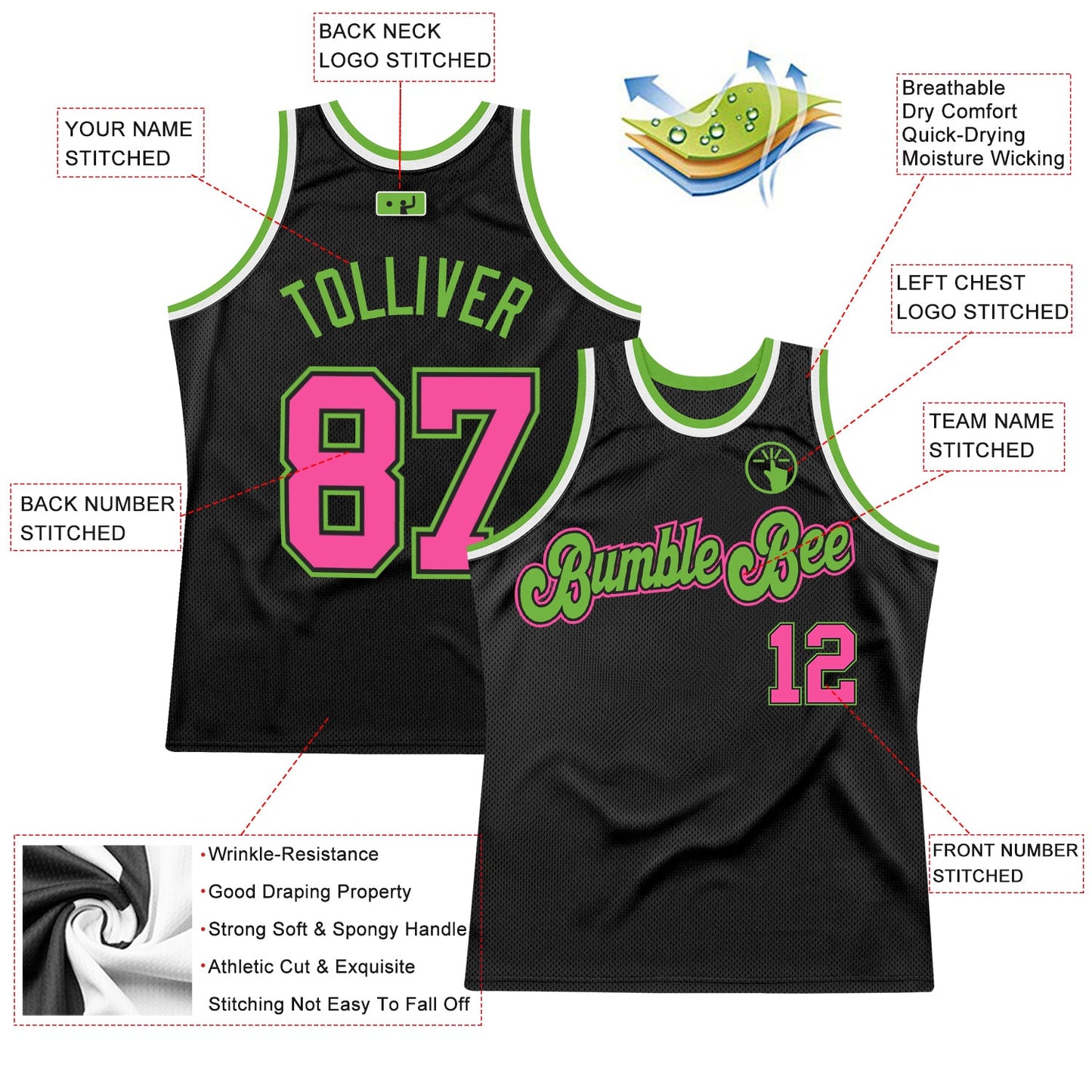 Custom Black Pink-Neon Green Authentic Throwback Basketball Jersey view 2