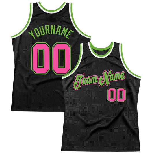 Custom Black Pink-Neon Green Authentic Throwback Basketball Jersey - Main View