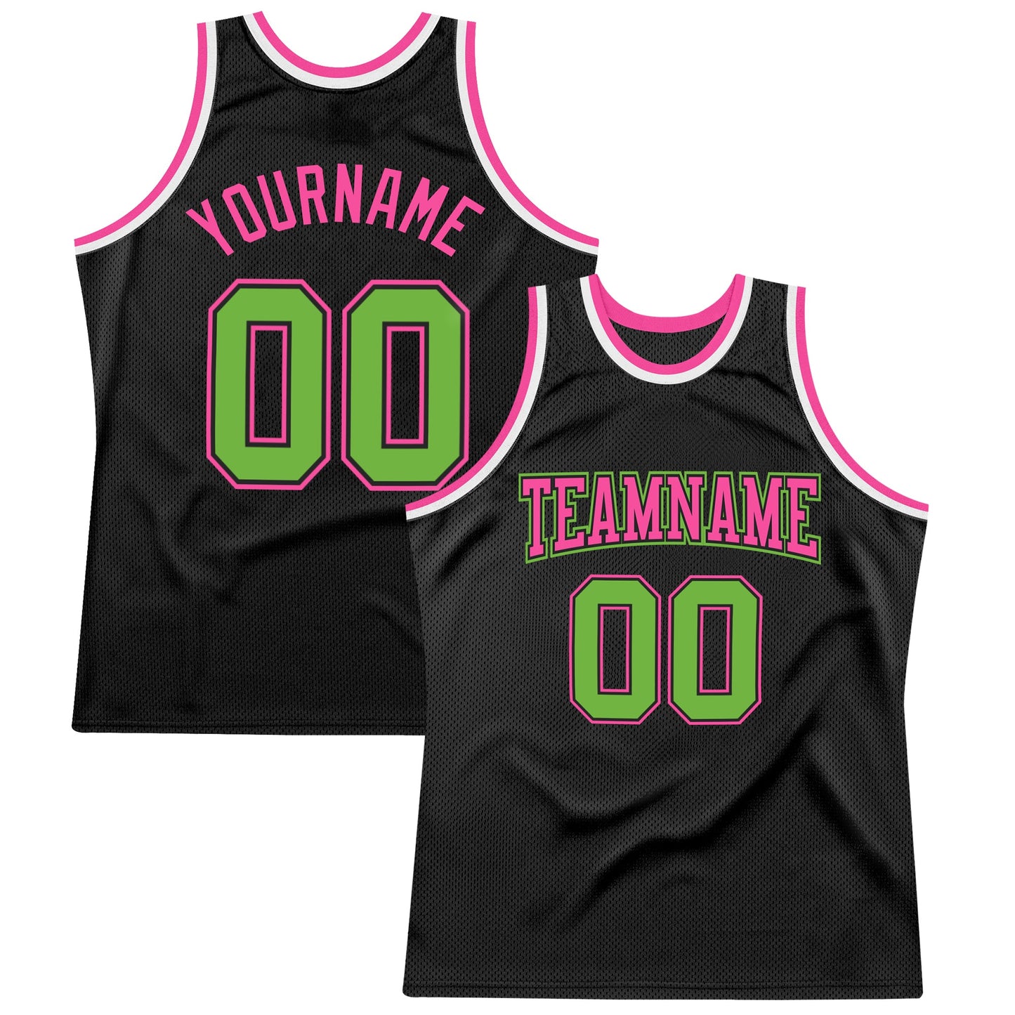 Custom Black Neon Green-Pink Authentic Throwback Basketball Jersey - Main View