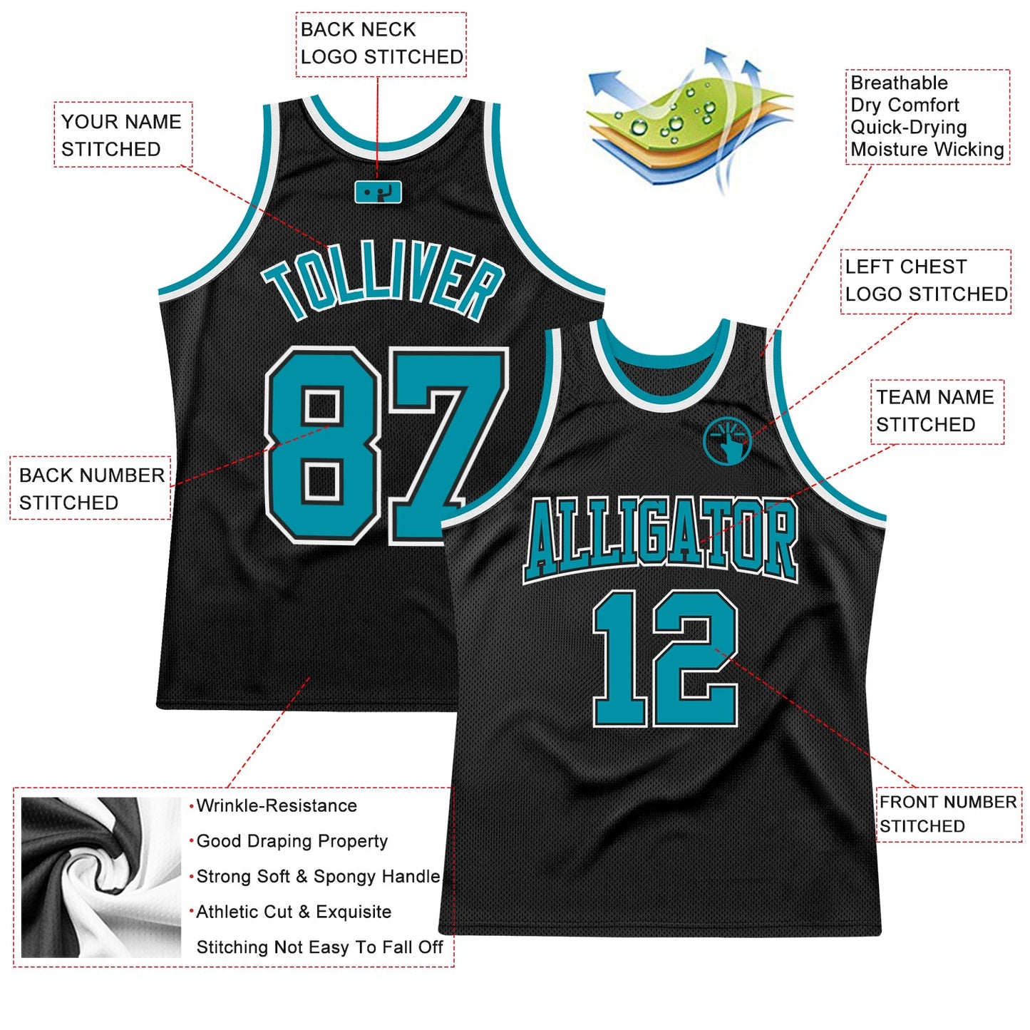 Custom Black Teal-White Authentic Throwback Basketball Jersey view 2