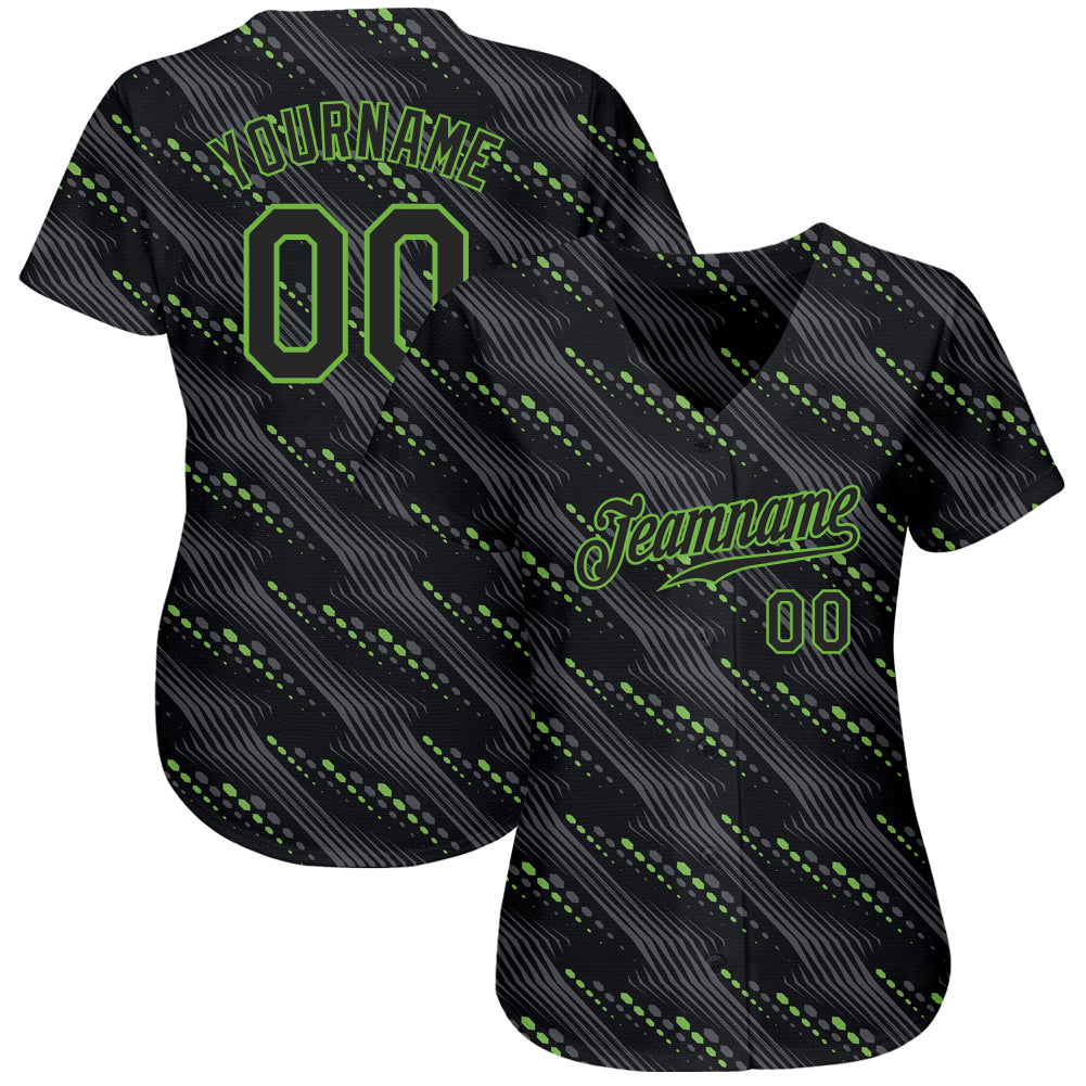 Custom Black Black-Neon Green 3D Pattern Design Authentic Baseball Jersey view 2
