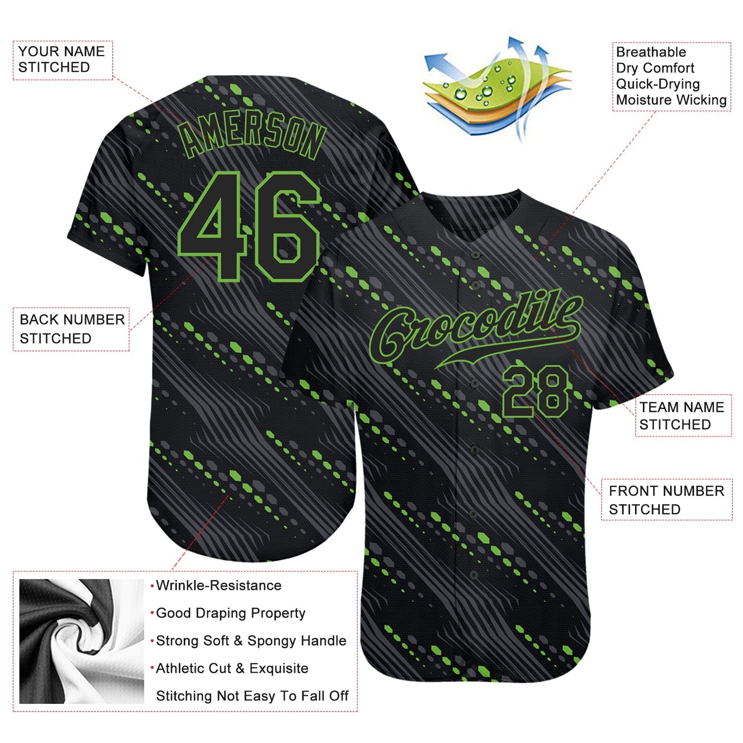 Custom Black Black-Neon Green 3D Pattern Design Authentic Baseball Jersey view 3