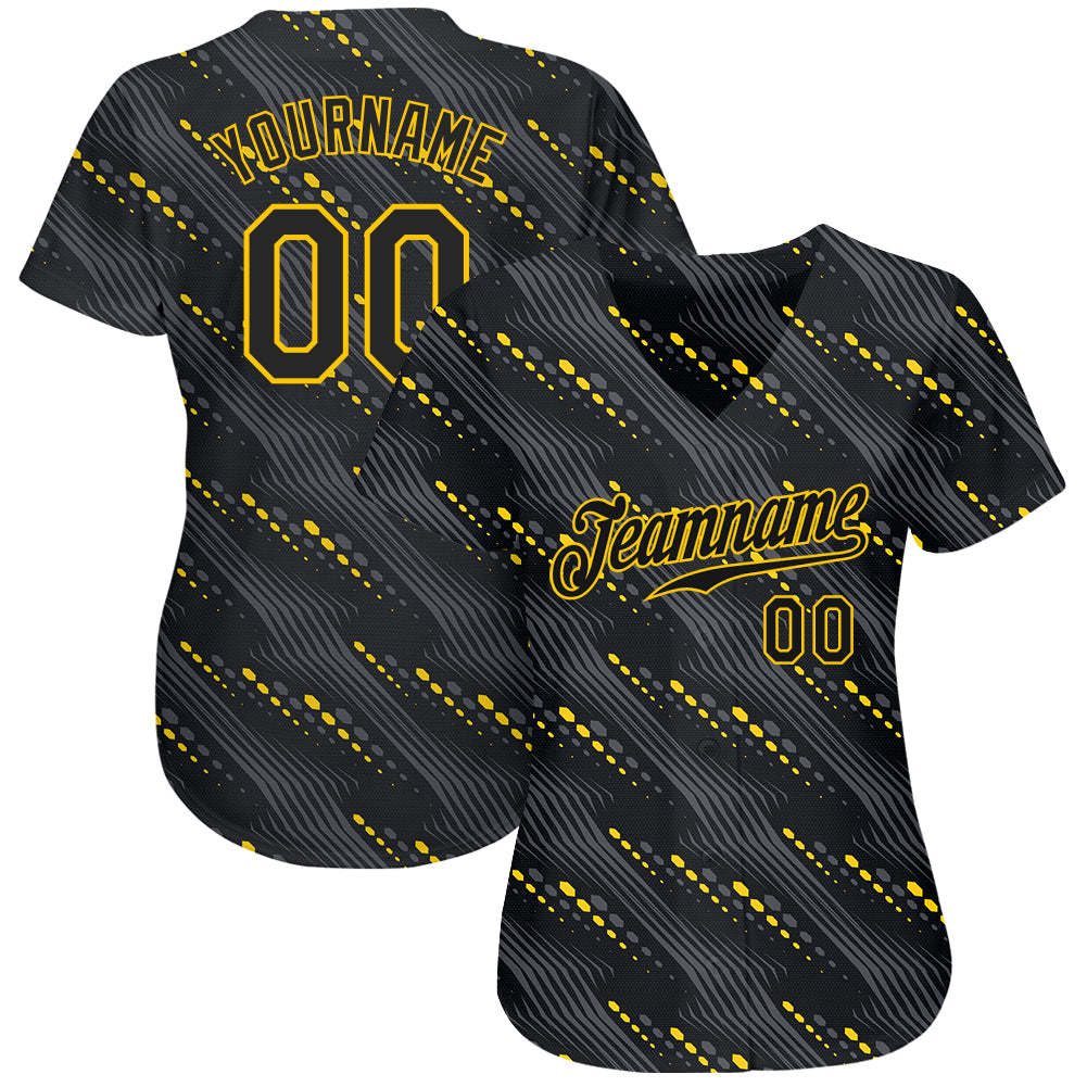 Custom Black Black-Gold 3D Pattern Design Authentic Baseball Jersey view 2