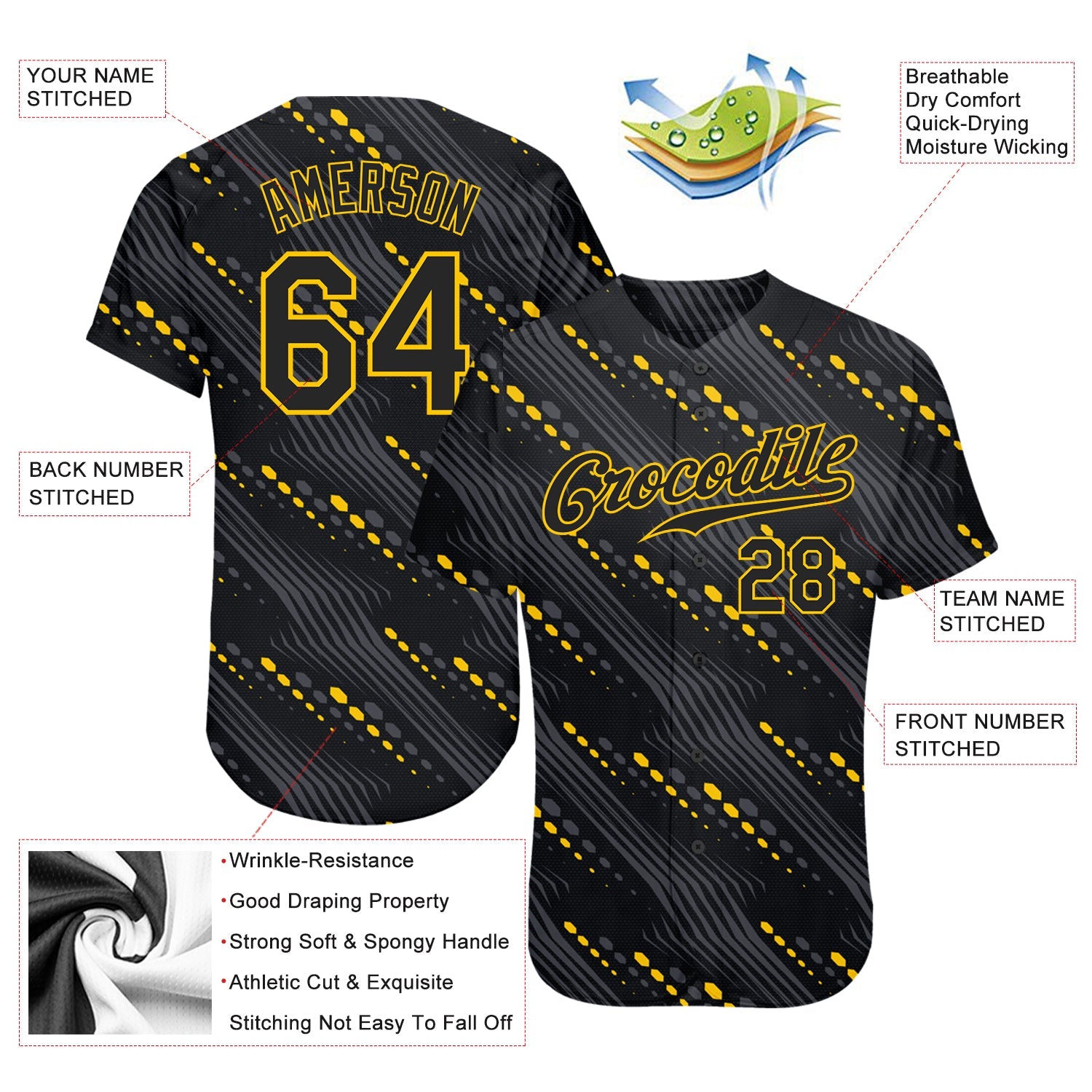 Custom Black Black-Gold 3D Pattern Design Authentic Baseball Jersey view 3