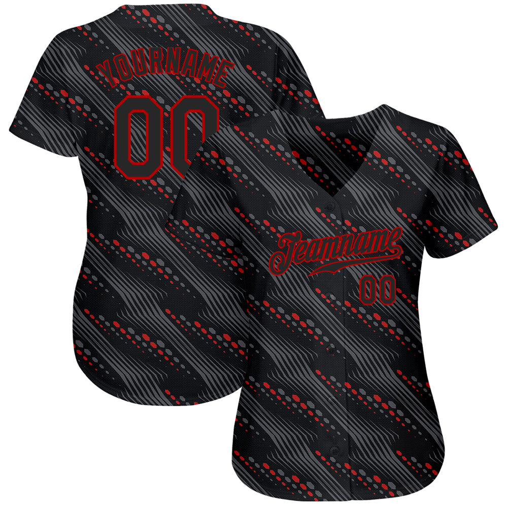 Custom Black Black-Red 3D Pattern Design Authentic Baseball Jersey view 2