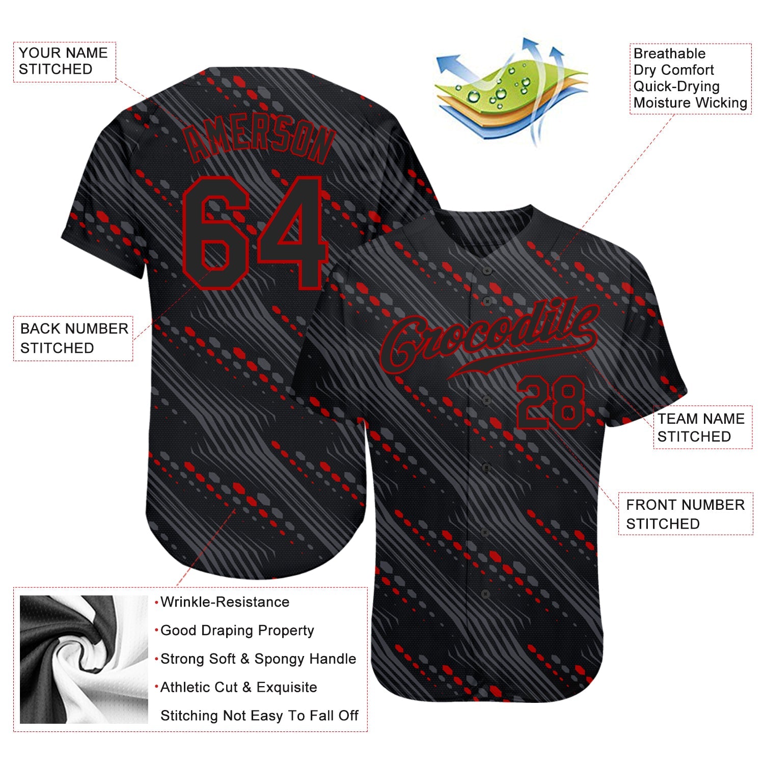 Custom Black Black-Red 3D Pattern Design Authentic Baseball Jersey view 3