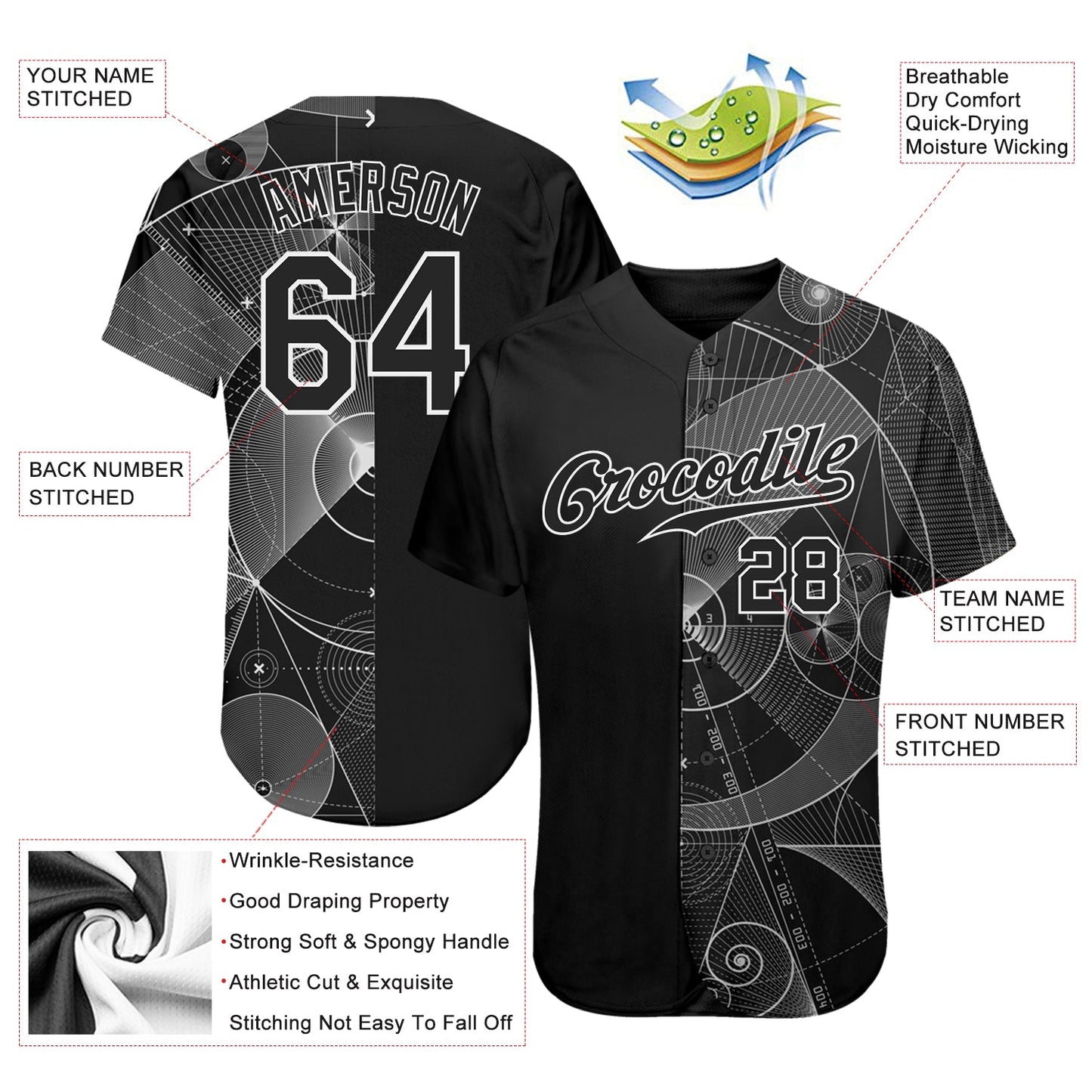 Custom Black Black-White 3D Pattern Design Geometry Authentic Baseball Jersey view 4