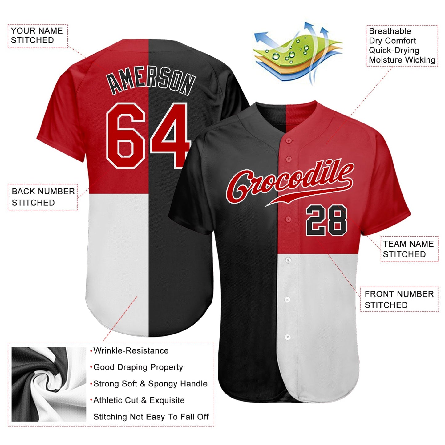 Custom Black Red-White 3D Pattern Design Multicolor Authentic Baseball Jersey view 3