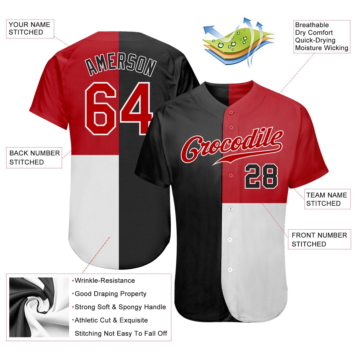 Custom Black Red-White 3D Pattern Design Multicolor Authentic Baseball Jersey view 3