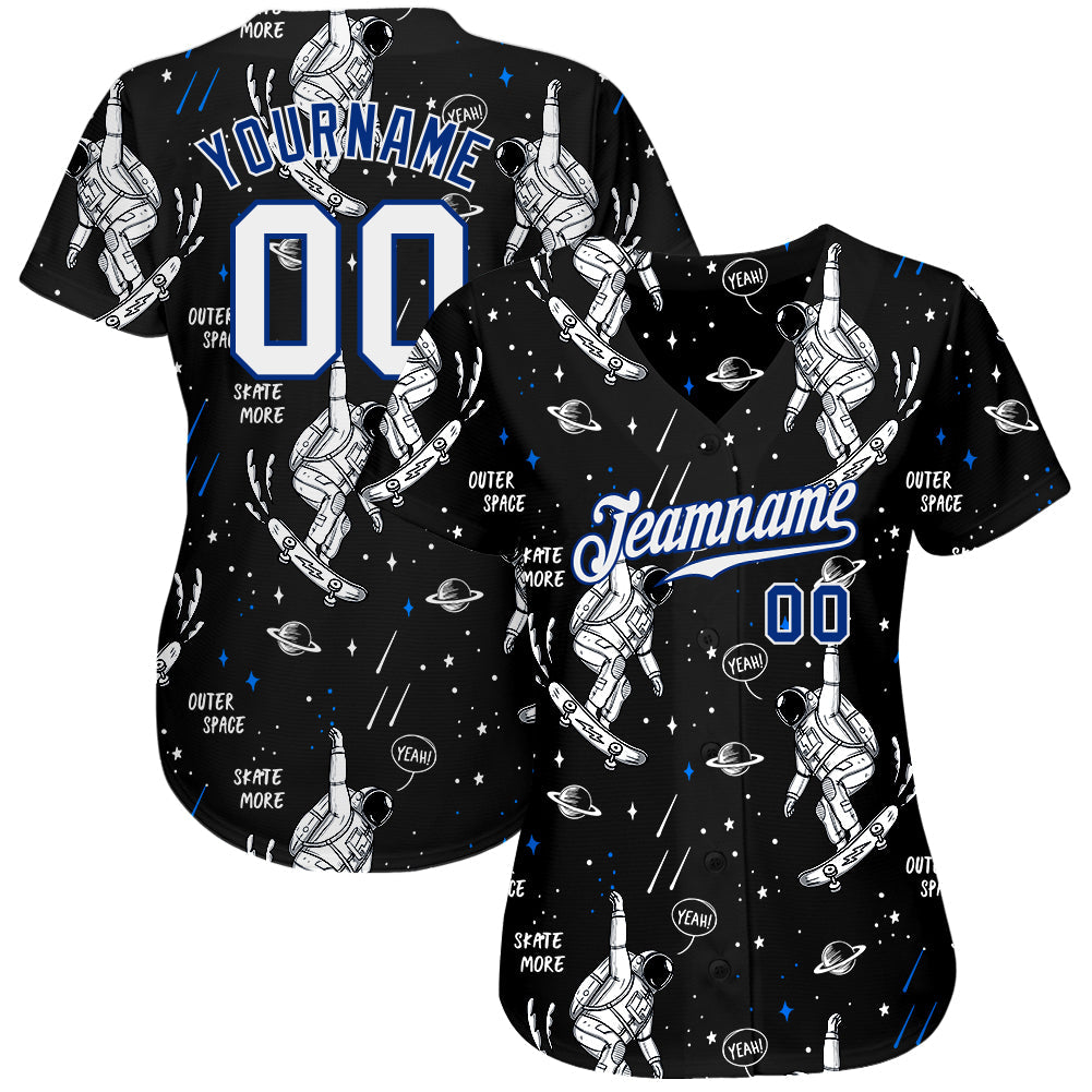 Custom Black White-Royal 3D Pattern Design Astronaut Authentic Baseball Jersey view 2