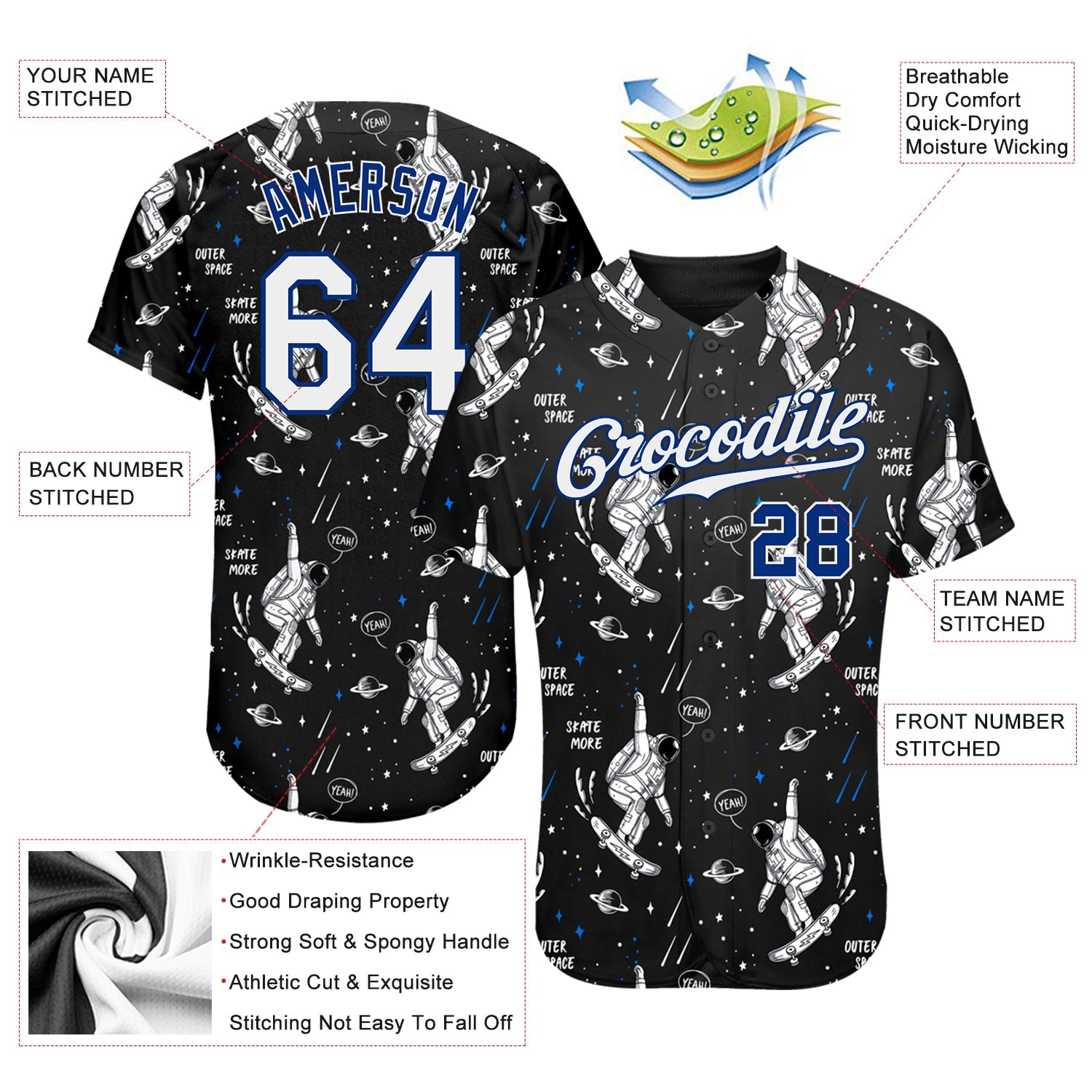 Custom Black White-Royal 3D Pattern Design Astronaut Authentic Baseball Jersey view 3