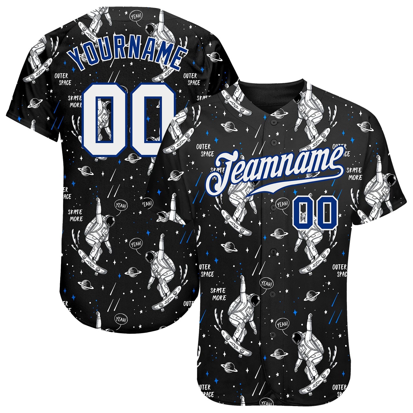 Custom Black White-Royal 3D Pattern Design Astronaut Authentic Baseball Jersey - Main View