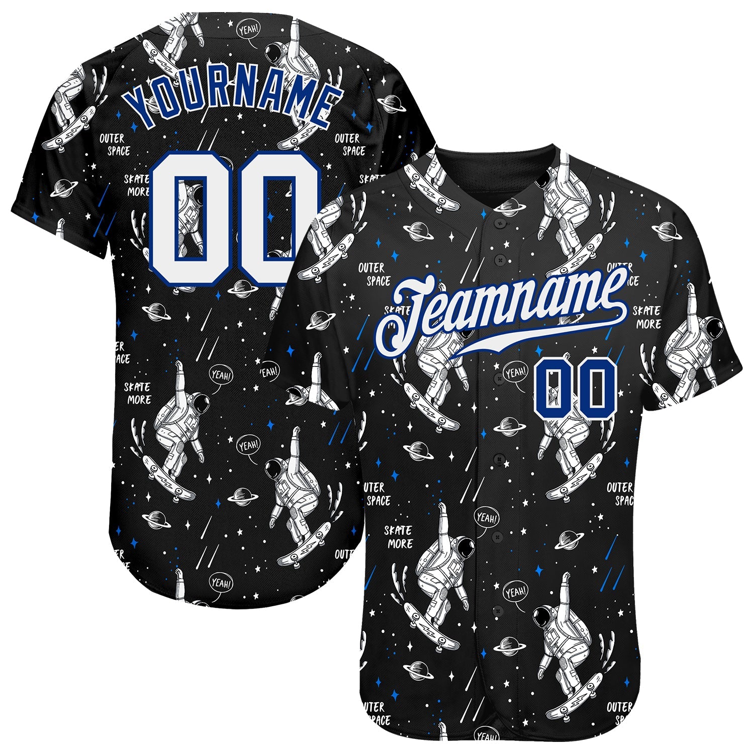 Custom Black White-Royal 3D Pattern Design Astronaut Authentic Baseball Jersey - Main View