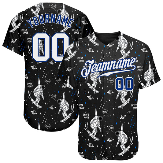 Custom Black White-Royal 3D Pattern Design Astronaut Authentic Baseball Jersey - Main View