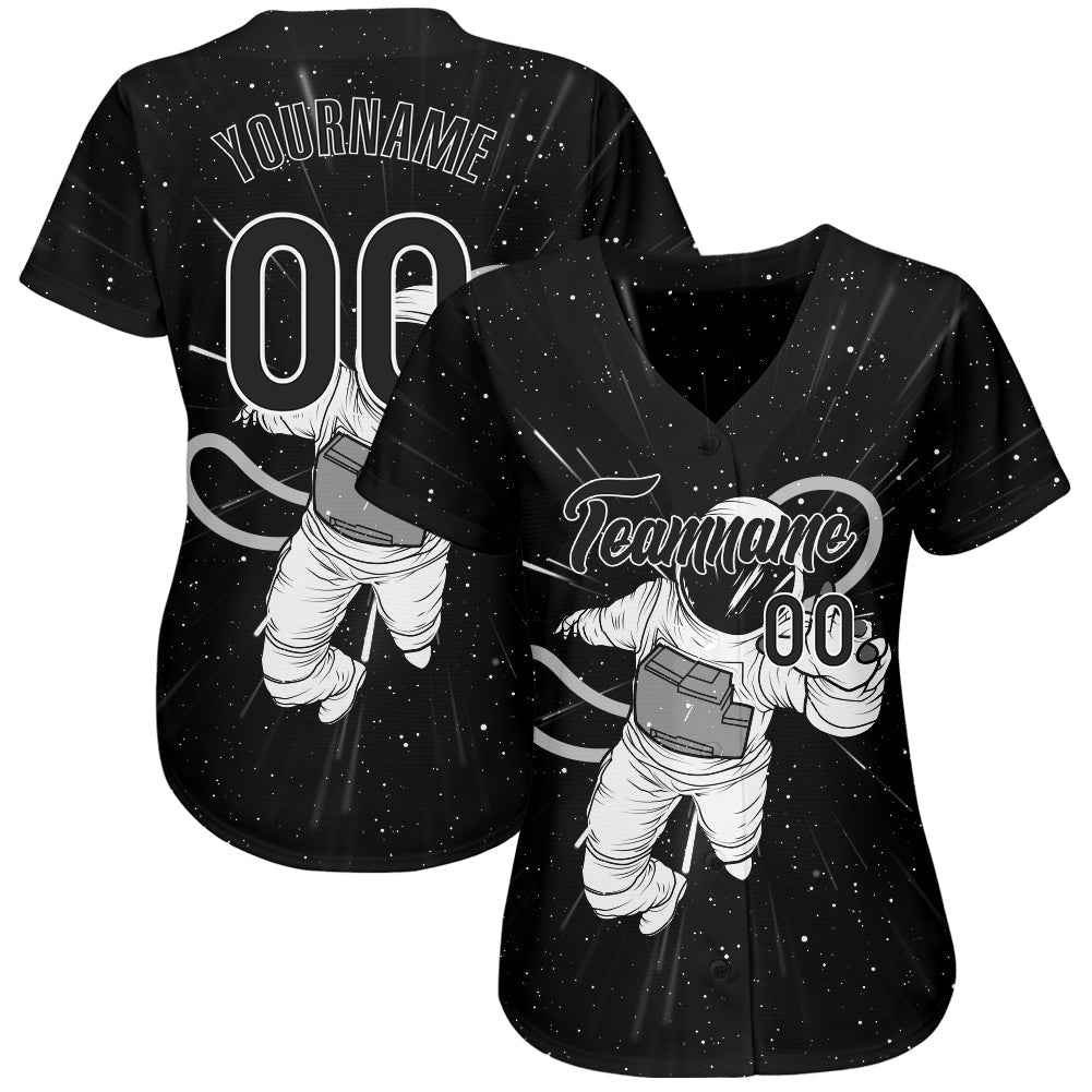 Custom Black Black-White 3D Pattern Design Astronaut Authentic Baseball Jersey view 2