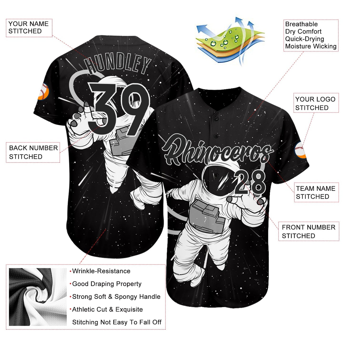 Custom Black Black-White 3D Pattern Design Astronaut Authentic Baseball Jersey view 3