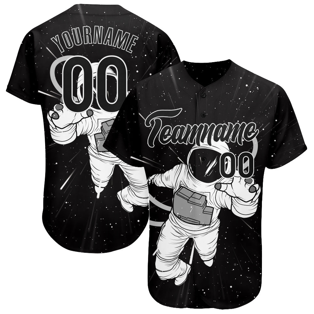 Custom Black Black-White 3D Pattern Design Astronaut Authentic Baseball Jersey - Main View